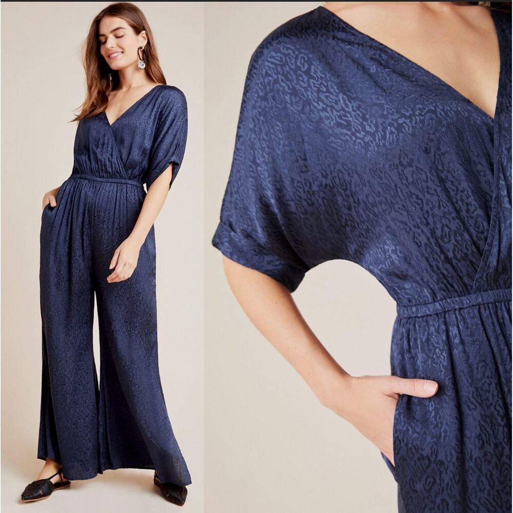 Anthropologie Maeve xs Jacqueline Silky Jacquard Jumpsuit Wrap Neck Navy Blue